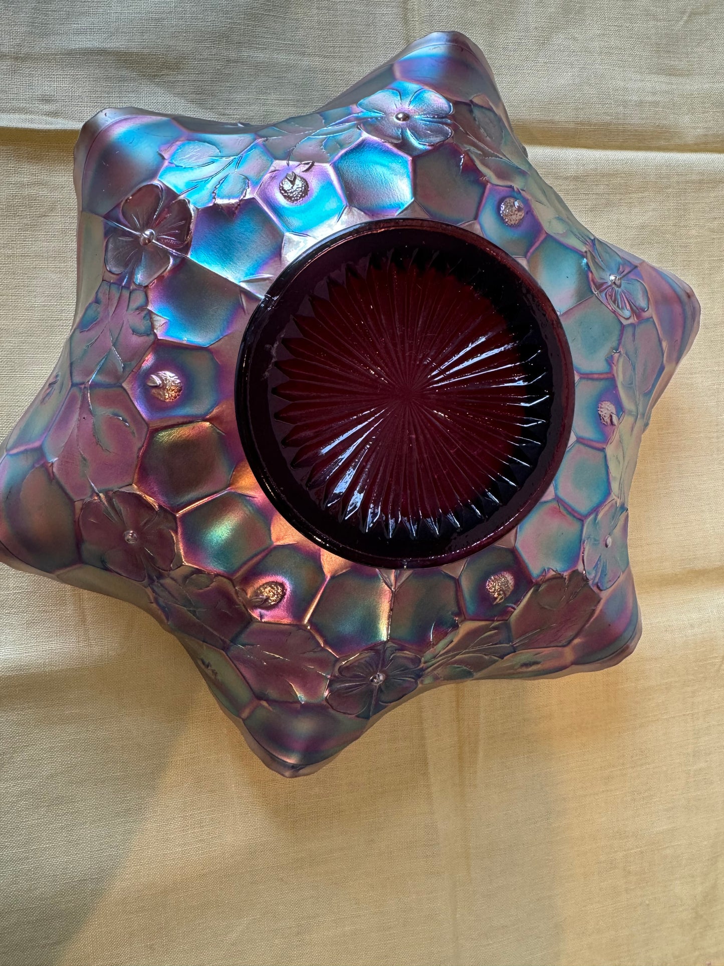 Fenton Purple Amethyst Carnival Glass Feathered Serpent Pattern Ruffled Bowl