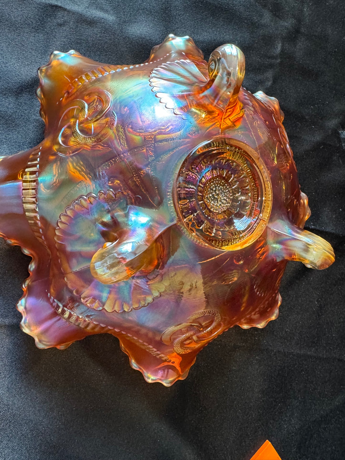 Vintage Wishbone Pattern, NORTHWOOD MARIGOLD CARNIVAL GLASS Three footed bowl.