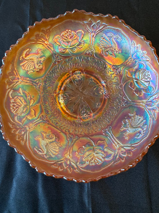 Vintage Fenton Glass Dragon & Lotus Marigold Pink Carnvial Bowl w/ Ruffled Edge