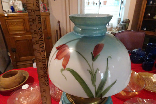 Antique Oil Lamp, hand painted, excellent condition.