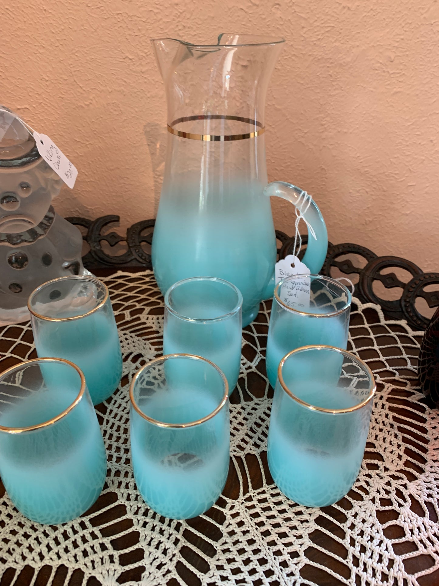 Vintage Blendo Turquoise Pitcher and Glass Set