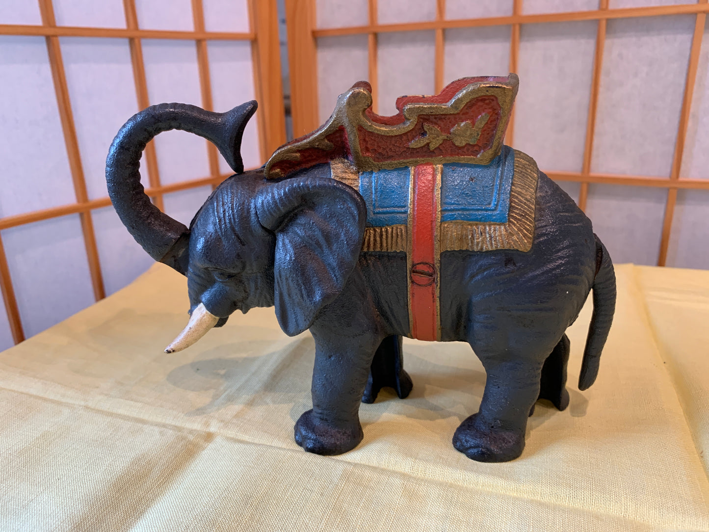 Cast Iron Elephant Coin Bank, Mechanical, works great, good vintage, 1930's.
