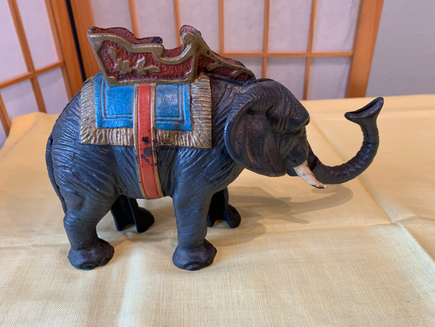 Cast Iron Elephant Coin Bank, Mechanical, works great, good vintage, 1930's.