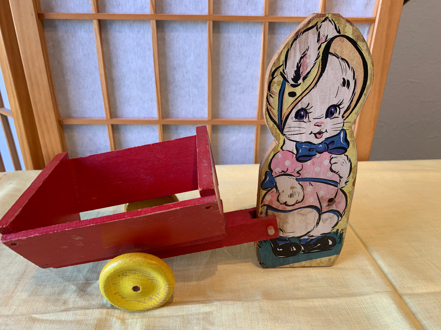 Vintage Wooden Child's Pull Toy, Lamb lithograph, red wagon, good.