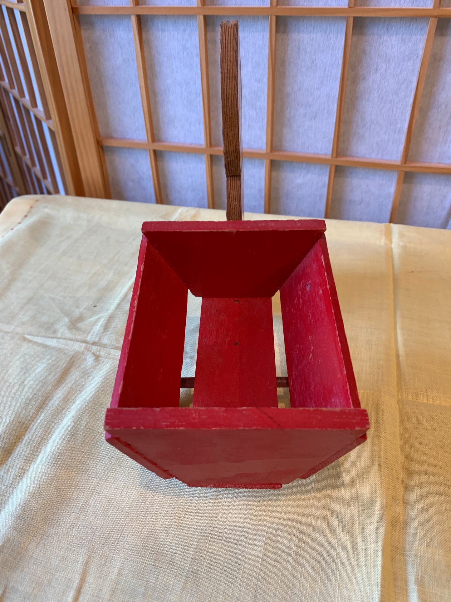 Vintage Wooden Child's Pull Toy, Lamb lithograph, red wagon, good.