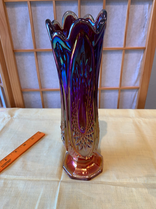 Indiana Glass, Contemporary Heirloom Sunset Amberina Carnival Swung Vase 10.5"
