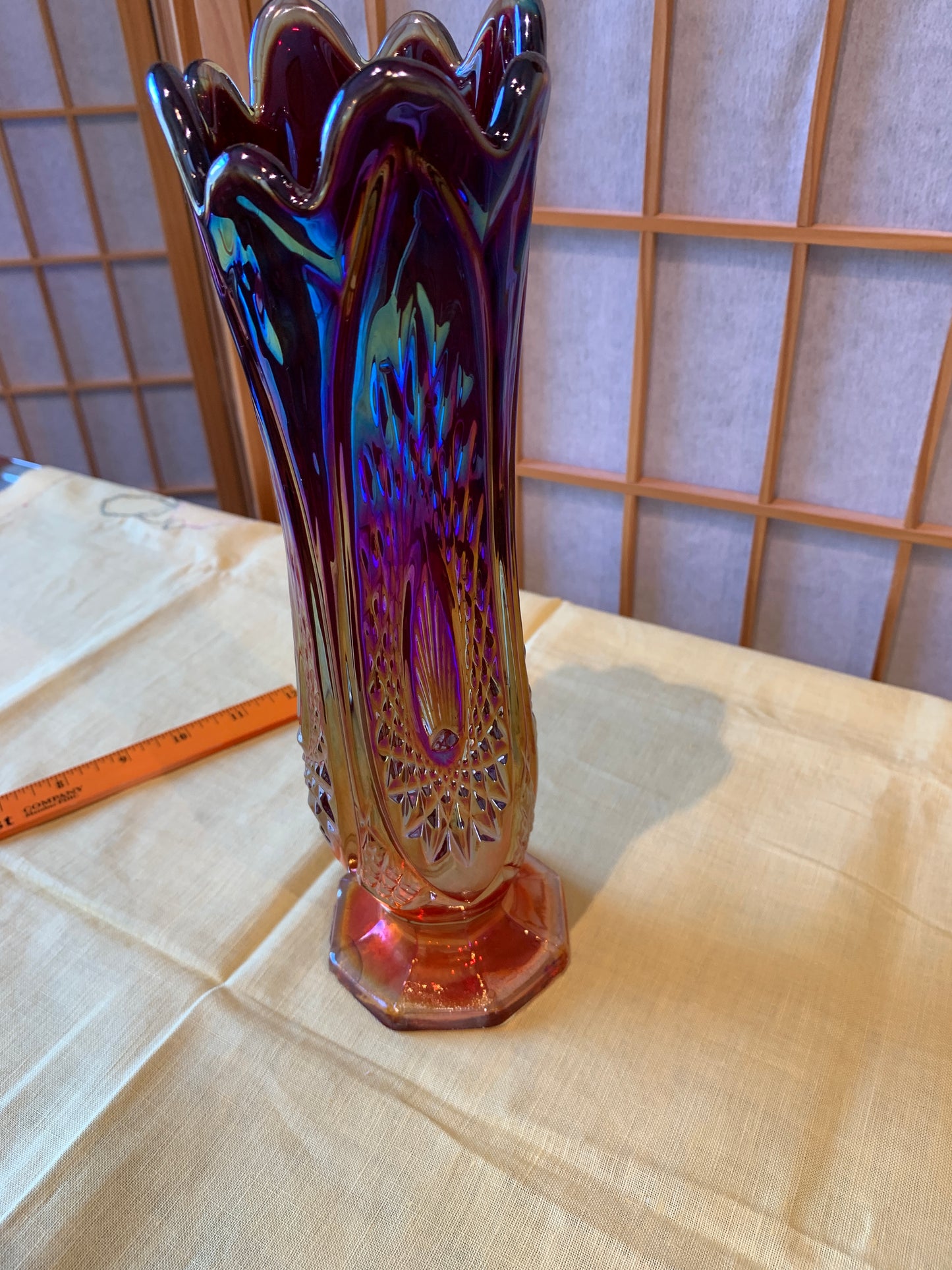Indiana Glass, Contemporary Heirloom Sunset Amberina Carnival Swung Vase 10.5"