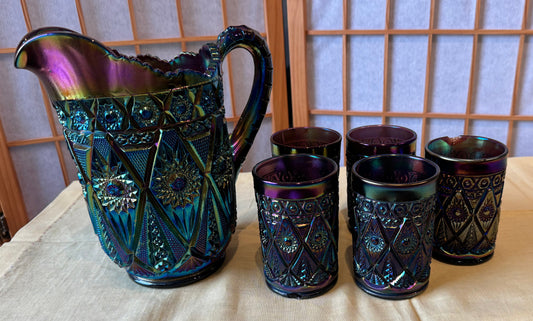 Imperial Diamond Lace Purple Carnival glass pitcher 5 tumblers, VINTAGE, RARE.