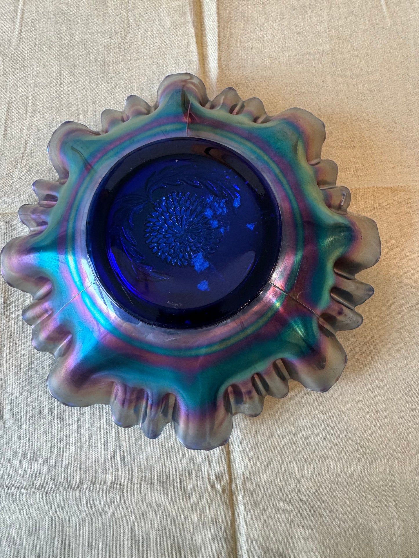 Fenton Carnival Glass Bluish-Purple Ten Mums Pattern Candy Ribbon Edge Bowl.