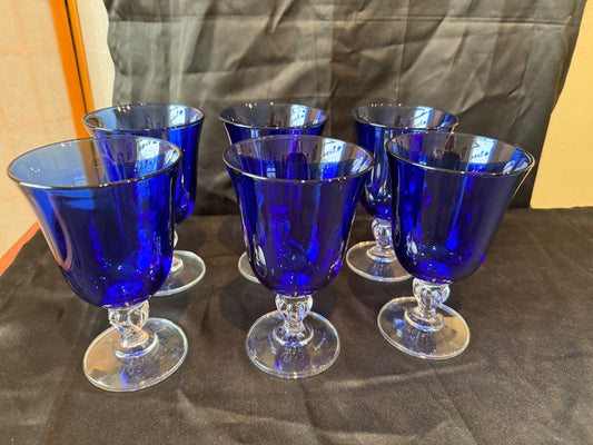 Cristal d'Arques Cobalt Blue Water Wine Goblet 6 1/2" Set of 6, vintage.