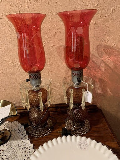 Antique Etched Cranberry Glass Lamps